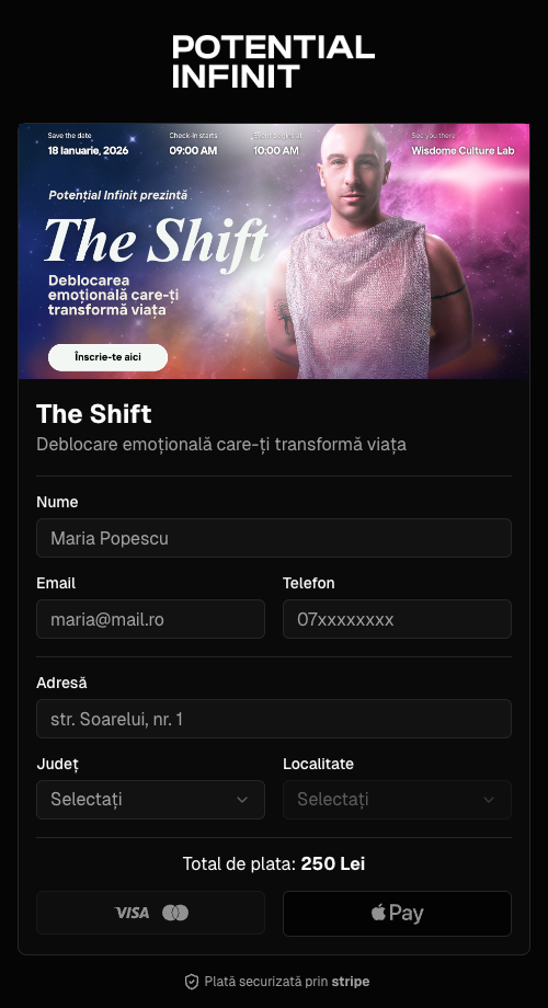 Pagina reală de checkout Payflow, temă dark