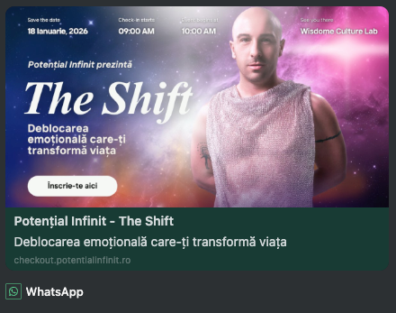Cum arată linkul când e distribuit pe WhatsApp, cu brand, produs, poză și preț